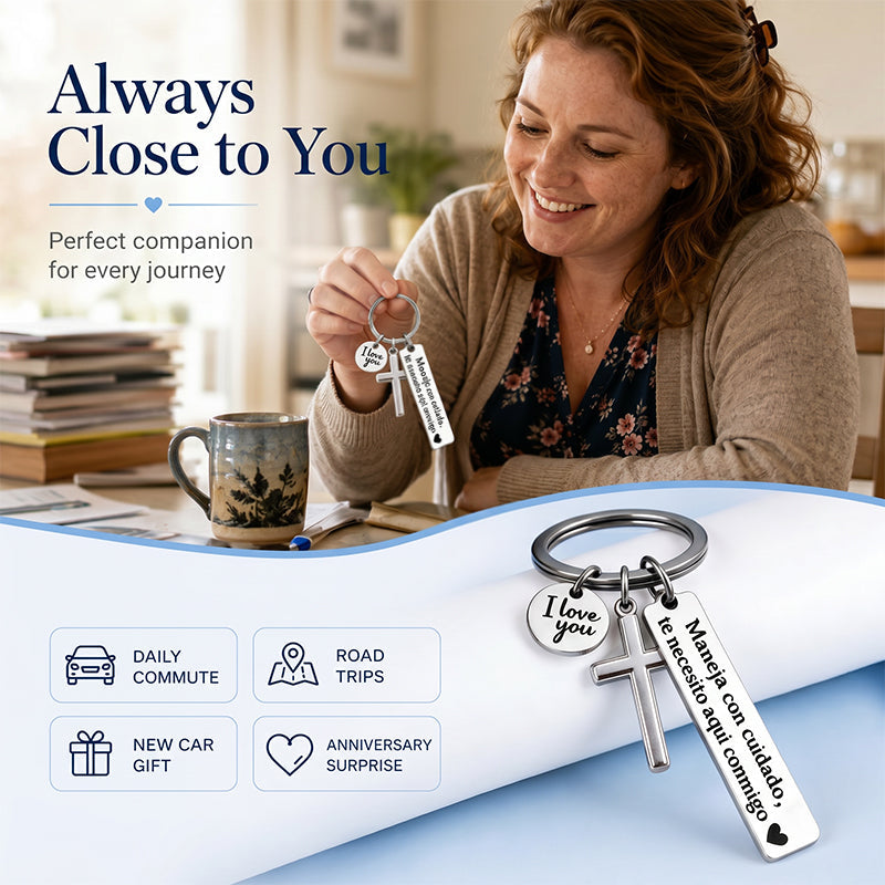 ⏳Time-Limited Special buy 1 get 1 free！⏰Stainless Steel Cross Keychain – ‘Drive Safe’ Blessing❤️🙏