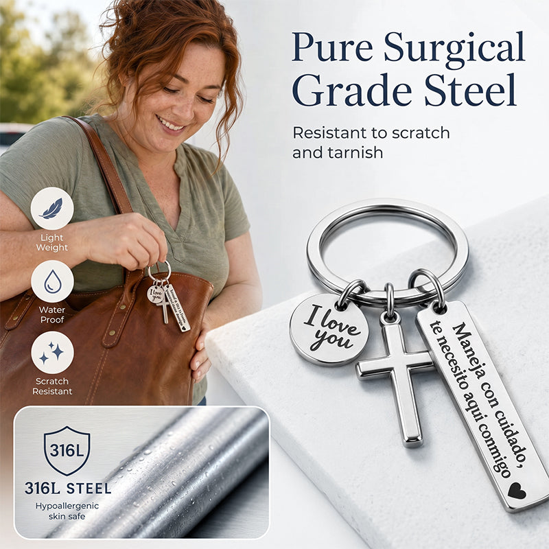 ⏳Time-Limited Special buy 1 get 1 free！⏰Stainless Steel Cross Keychain – ‘Drive Safe’ Blessing❤️🙏