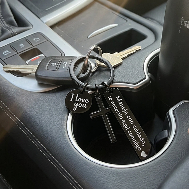 ⏳Time-Limited Special buy 1 get 1 free！⏰Stainless Steel Cross Keychain – ‘Drive Safe’ Blessing❤️🙏