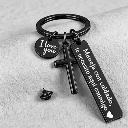 ⏳Time-Limited Special buy 1 get 1 free！⏰Stainless Steel Cross Keychain – ‘Drive Safe’ Blessing❤️🙏