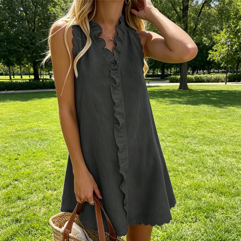 📢📢50% OFF !! ⏰Women's Ruffle Trim Button-Front Mini Dress