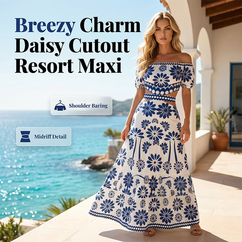 ⏳ 50% off⏰Women’s Off-the-Shoulder Waist Cutout Daisy Printed Resort Dress🪻👗