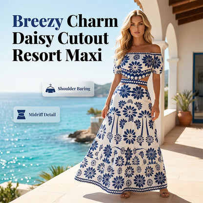 ⏳ 50% off⏰Women’s Off-the-Shoulder Waist Cutout Daisy Printed Resort Dress🪻👗