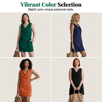 📢📢50% OFF !! ⏰ Elegant Slim Fit Cowl Neck Dress – Sleeveless, Side Pockets, Versatile ✨