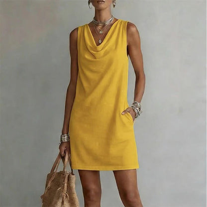 📢📢50% OFF !! ⏰ Elegant Slim Fit Cowl Neck Dress – Sleeveless, Side Pockets, Versatile ✨