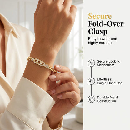 📿50% OFF! 💥 Women's Gold-Tone Cubic Zirconia Chain Bracelet – Cuban Link, Zircon Accents, Fold-Over Clasp ✨