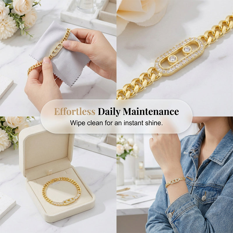 📿50% OFF! 💥 Women's Gold-Tone Cubic Zirconia Chain Bracelet – Cuban Link, Zircon Accents, Fold-Over Clasp ✨