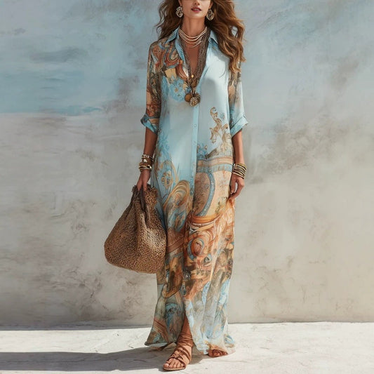 ⏰💰 50% OFF – Elegant Retro Print Maxi Dress | Boho V-Neck + Flowy Fit | Perfect for Beach & Holiday 🌺🌊✨