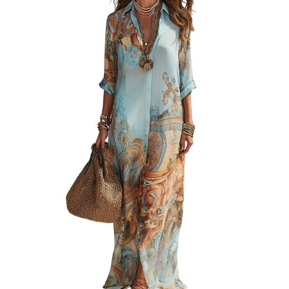 ⏰💰 50% OFF – Elegant Retro Print Maxi Dress | Boho V-Neck + Flowy Fit | Perfect for Beach & Holiday 🌺🌊✨
