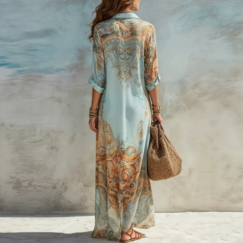 ⏰💰 50% OFF – Elegant Retro Print Maxi Dress | Boho V-Neck + Flowy Fit | Perfect for Beach & Holiday 🌺🌊✨