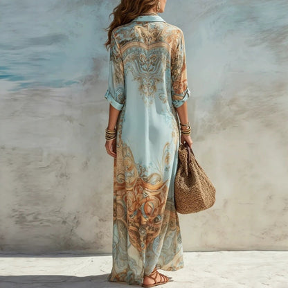 ⏰💰 50% OFF – Elegant Retro Print Maxi Dress | Boho V-Neck + Flowy Fit | Perfect for Beach & Holiday 🌺🌊✨