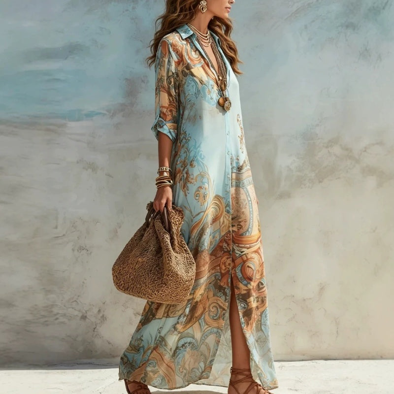 ⏰💰 50% OFF – Elegant Retro Print Maxi Dress | Boho V-Neck + Flowy Fit | Perfect for Beach & Holiday 🌺🌊✨