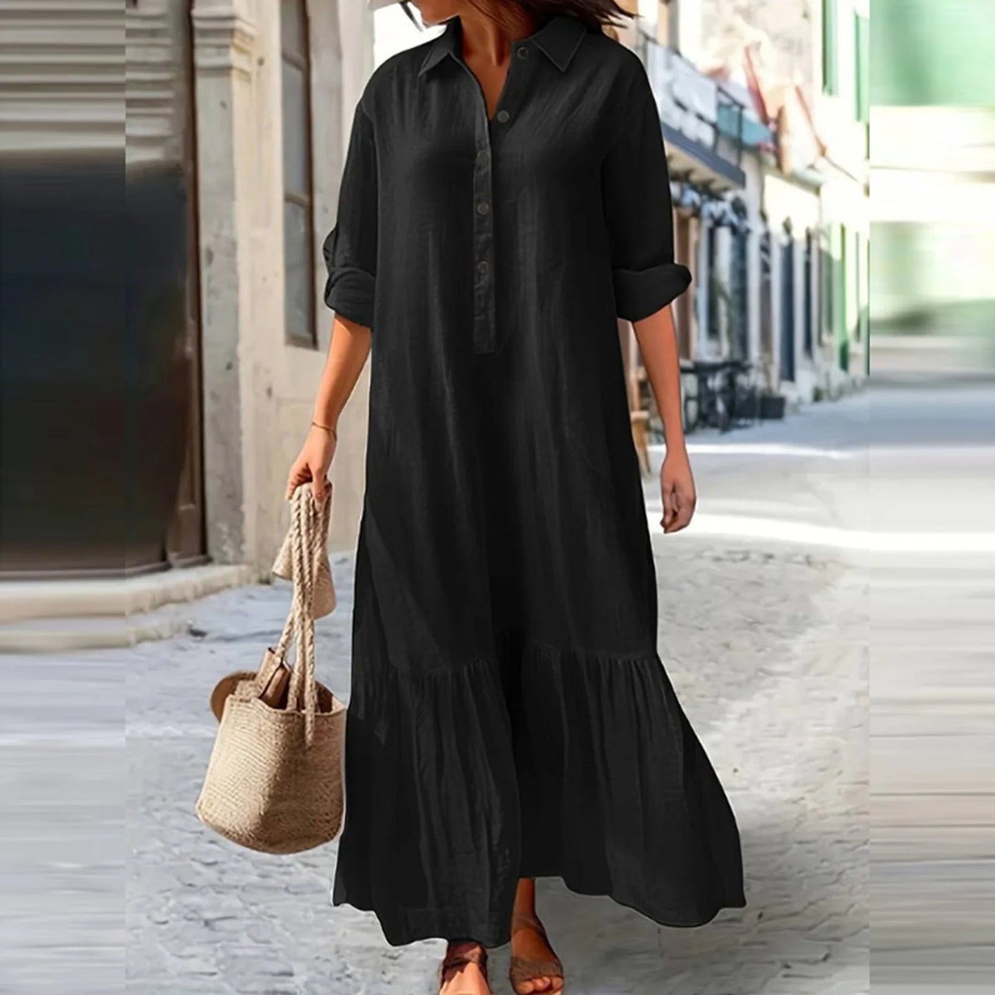 📢📢50% OFF !! ⏰Women's Vintage Lapel Neck Long Dress