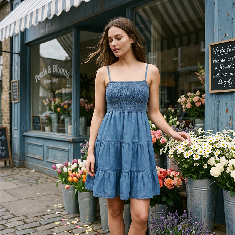 📢 📢50% OFF | Breezy Summer Denim Sundress | Smocked Bodice & Flowing Tiered Skirt | Soft Breathable Sleeveless Dress for Women