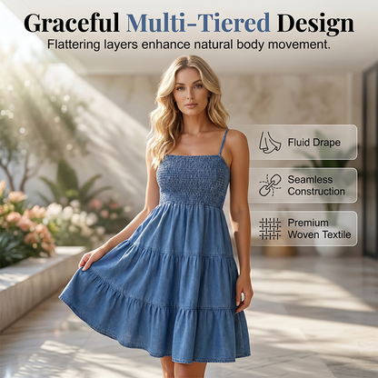 📢 📢50% OFF | Breezy Summer Denim Sundress | Smocked Bodice & Flowing Tiered Skirt | Soft Breathable Sleeveless Dress for Women