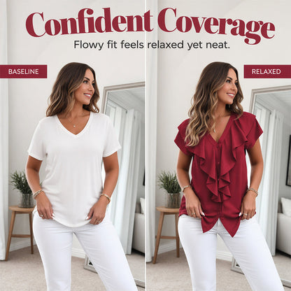🔥New Arrivals 50% off！ 👕Best Sellers-Elegant Ruffle V-Neck Blouse