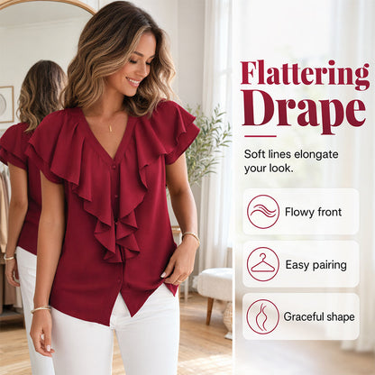 🔥New Arrivals 50% off！ 👕Best Sellers-Elegant Ruffle V-Neck Blouse