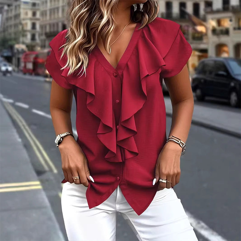 🔥New Arrivals 50% off！ 👕Best Sellers-Elegant Ruffle V-Neck Blouse
