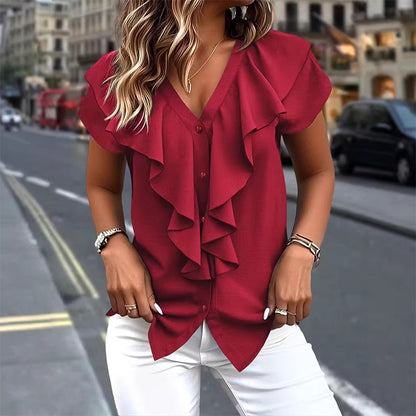 🔥New Arrivals 50% off！ 👕Best Sellers-Elegant Ruffle V-Neck Blouse