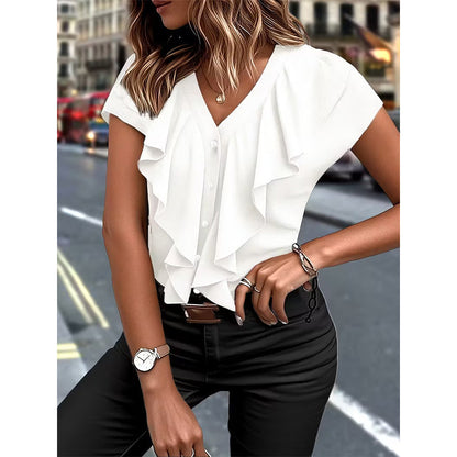 🔥New Arrivals 50% off！ 👕Best Sellers-Elegant Ruffle V-Neck Blouse