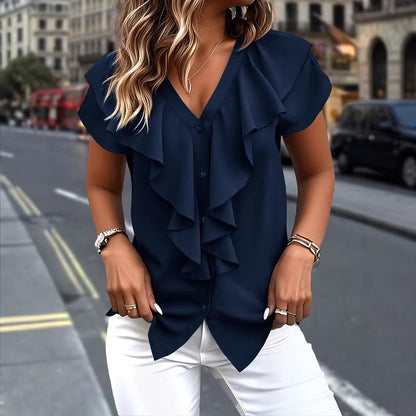 🔥New Arrivals 50% off！ 👕Best Sellers-Elegant Ruffle V-Neck Blouse