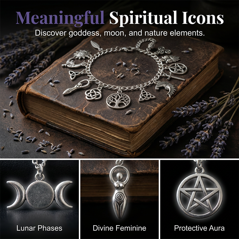 📿  50% OFF! ✨ Vintage Pagan Charm Bracelet – Spiritual Symbols, Antique Silver, Bohemian Style 🌙