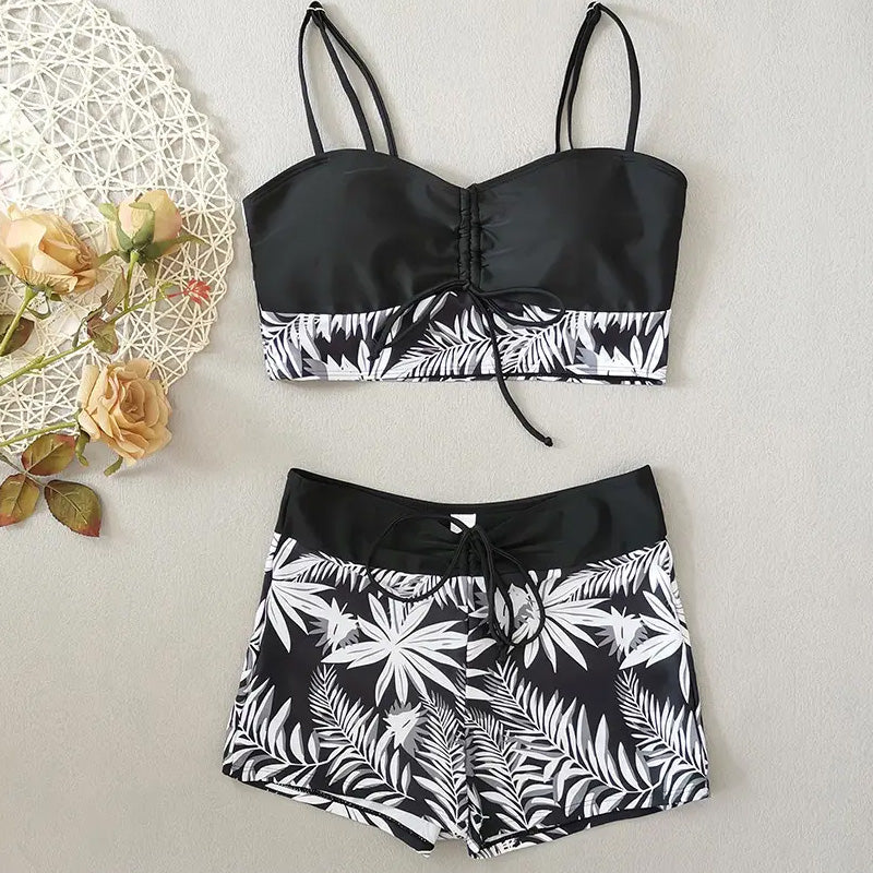 🔥While Supplies Last 50% OFF!Flattering High-Waist Bikini Set | Sporty Boxer Cut & Chic Lace-Up Top | Quick-Dry Tummy Control Beachwear