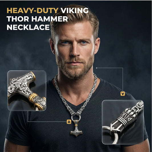 Viking Thor Hammer Pendant Necklace – Stainless Steel Byzantine Chain