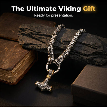 Viking Thor Hammer Pendant Necklace – Stainless Steel Byzantine Chain