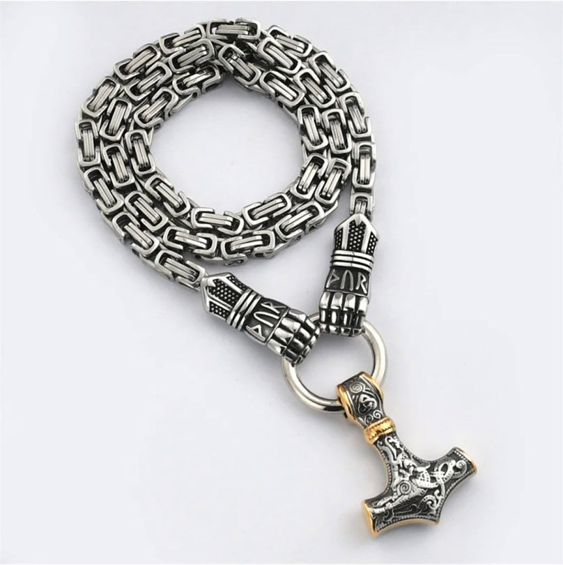 Viking Thor Hammer Pendant Necklace – Stainless Steel Byzantine Chain