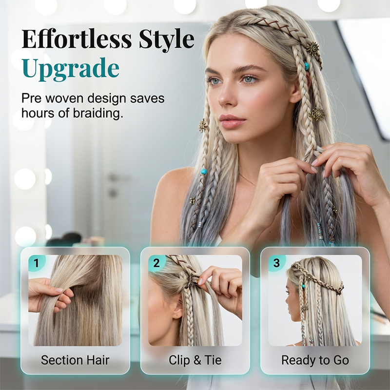 💇‍♀️ 50% OFF! ✨ Maillard Style Pre-Braided Hair Extensions – Bohemian Braids, Metallic Accents, Festival Ready 🌸