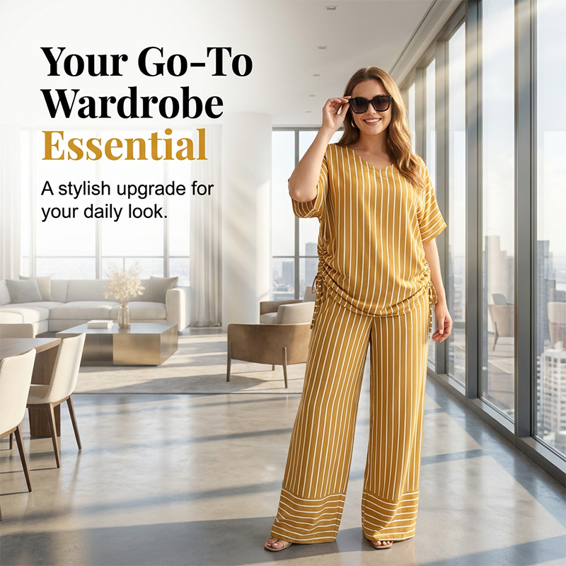 ⏰💰 50% OFF – Women's Striped 2-Piece Set – Top + Wide-Leg Pants | Effortless Matching Outfit in 1 Click! | Perfect for Any Occasion 👚👖💛