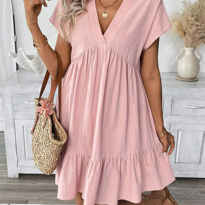 📢📢50% OFF !! ⏰Women's V-Neck Loose-Fit Dress with Ruffle Hem 👗 Flattering V-Neck, Playful Ruffles  ✨