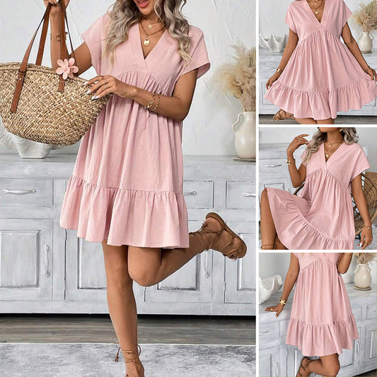📢📢50% OFF !! ⏰Women's V-Neck Loose-Fit Dress with Ruffle Hem 👗 Flattering V-Neck, Playful Ruffles  ✨