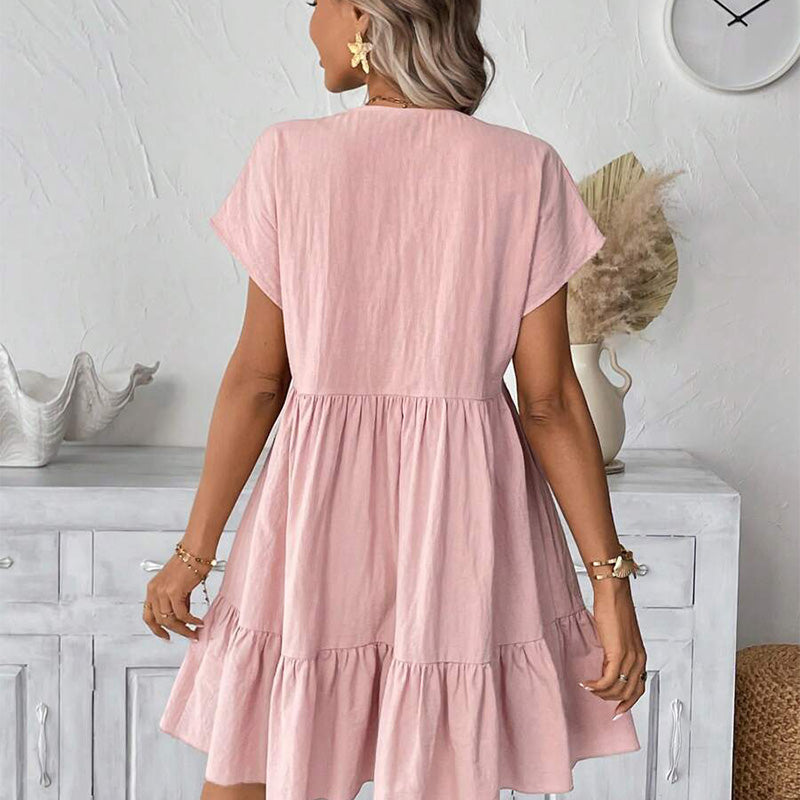 📢📢50% OFF !! ⏰Women's V-Neck Loose-Fit Dress with Ruffle Hem 👗 Flattering V-Neck, Playful Ruffles  ✨