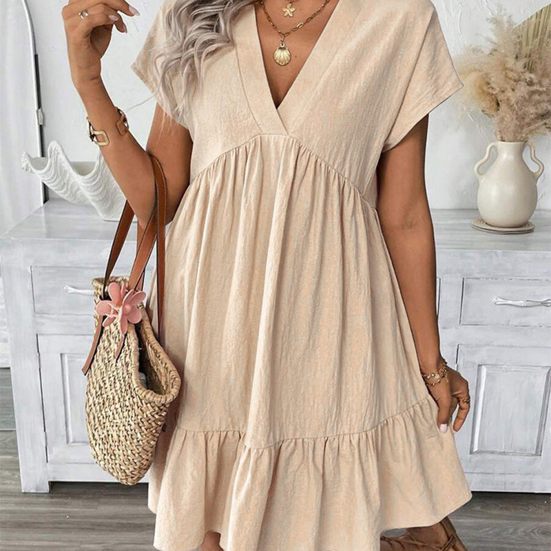 📢📢50% OFF !! ⏰Women's V-Neck Loose-Fit Dress with Ruffle Hem 👗 Flattering V-Neck, Playful Ruffles  ✨