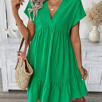📢📢50% OFF !! ⏰Women's V-Neck Loose-Fit Dress with Ruffle Hem 👗 Flattering V-Neck, Playful Ruffles  ✨