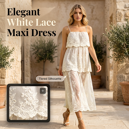 ⏰ 50% OFF 👰✨ Elegant White Lace Spaghetti Strap Maxi Dress – Pure Romance in Every Stitch! | Flowy & Breathable, Perfect for Weddings & Vacays 💒🌴