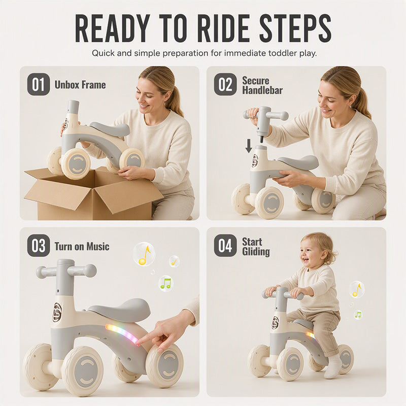 🚲🚼4-Wheel Light-Up Balance Bike for Toddlers with Music