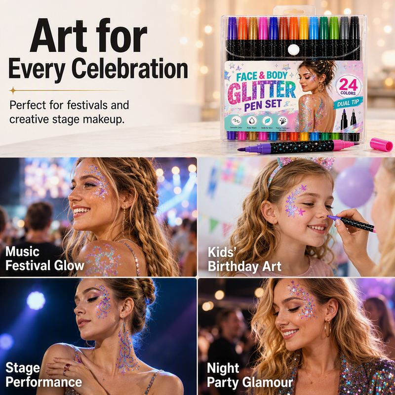 🎉 2026 Sale — Over 29,100 Sold!✨ 24‑Color Face & Body Glitter Marker Set with Dual Tips