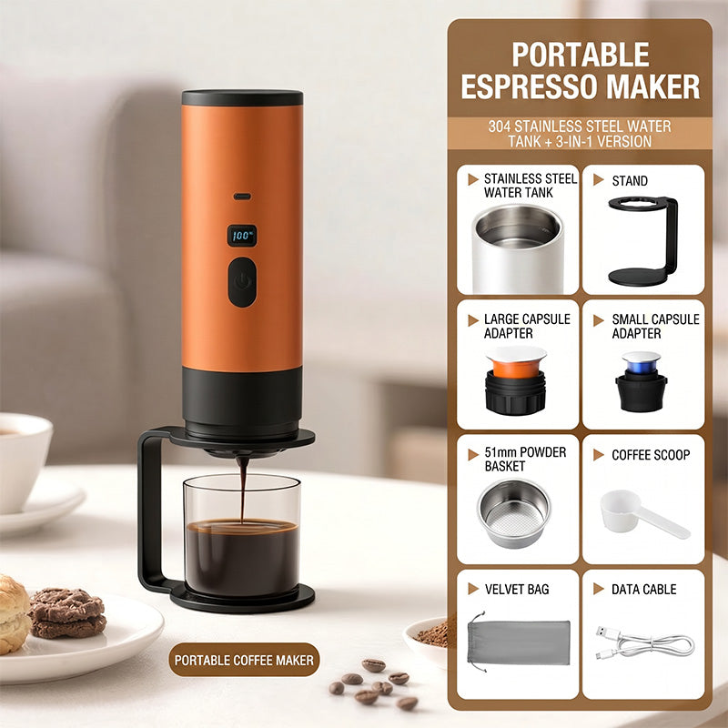 ⏳Time-Limited Special⏰ Portable Espresso Maker – digital display, Type-C rechargeable, 90ml tank & 120ml cup. Enjoy fresh hot coffee anywhere! 🛡️💪