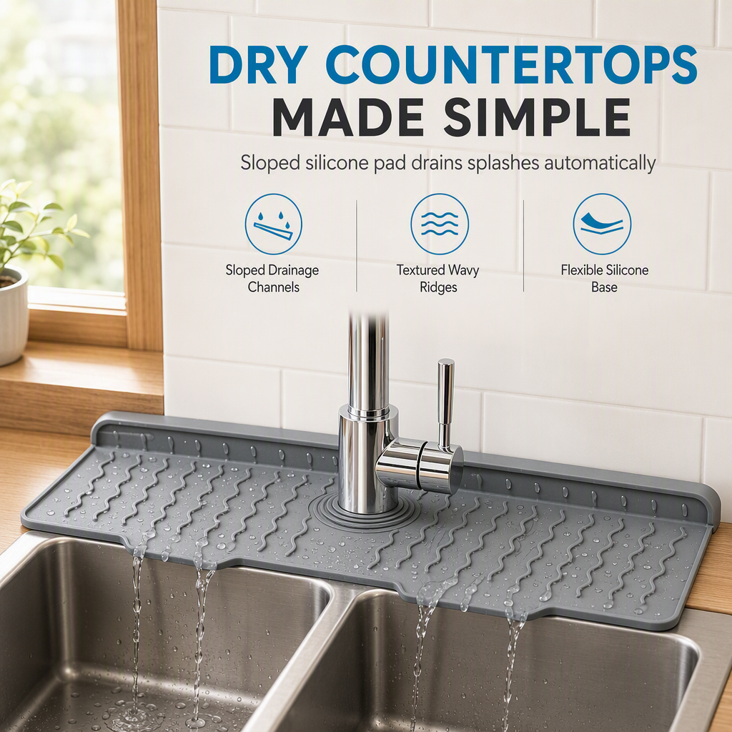 🧽 Food Grade Silicone Faucet Splash Guard Mat – Drain Fast, Flexible, Cuttable ✨
