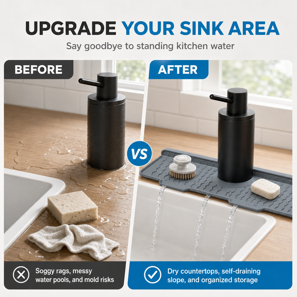 🧽 Food Grade Silicone Faucet Splash Guard Mat – Drain Fast, Flexible, Cuttable ✨