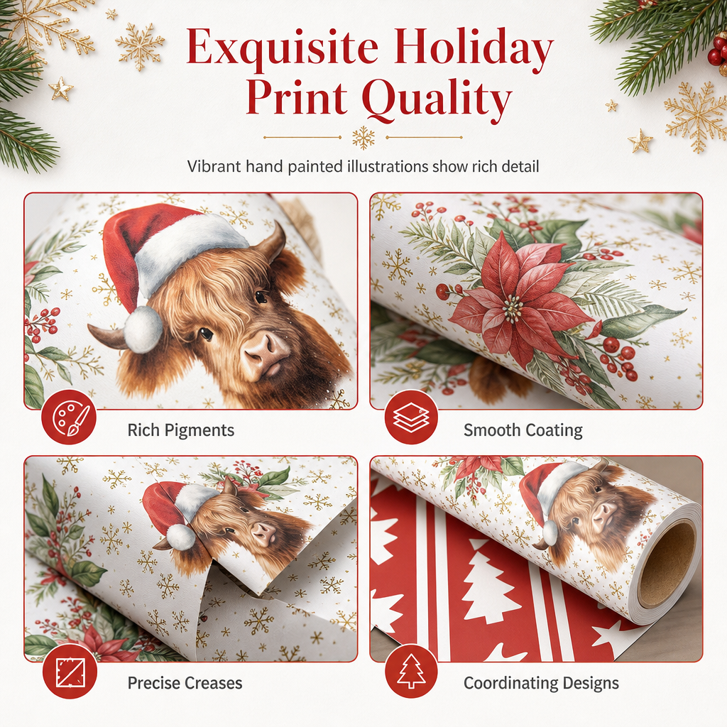 🎄 LIMITED-TIME 50% OFF! 🐄 Christmas Highland Cow Floral Wrapping Paper Roll – Double-sided, Thick, Large Roll ✨