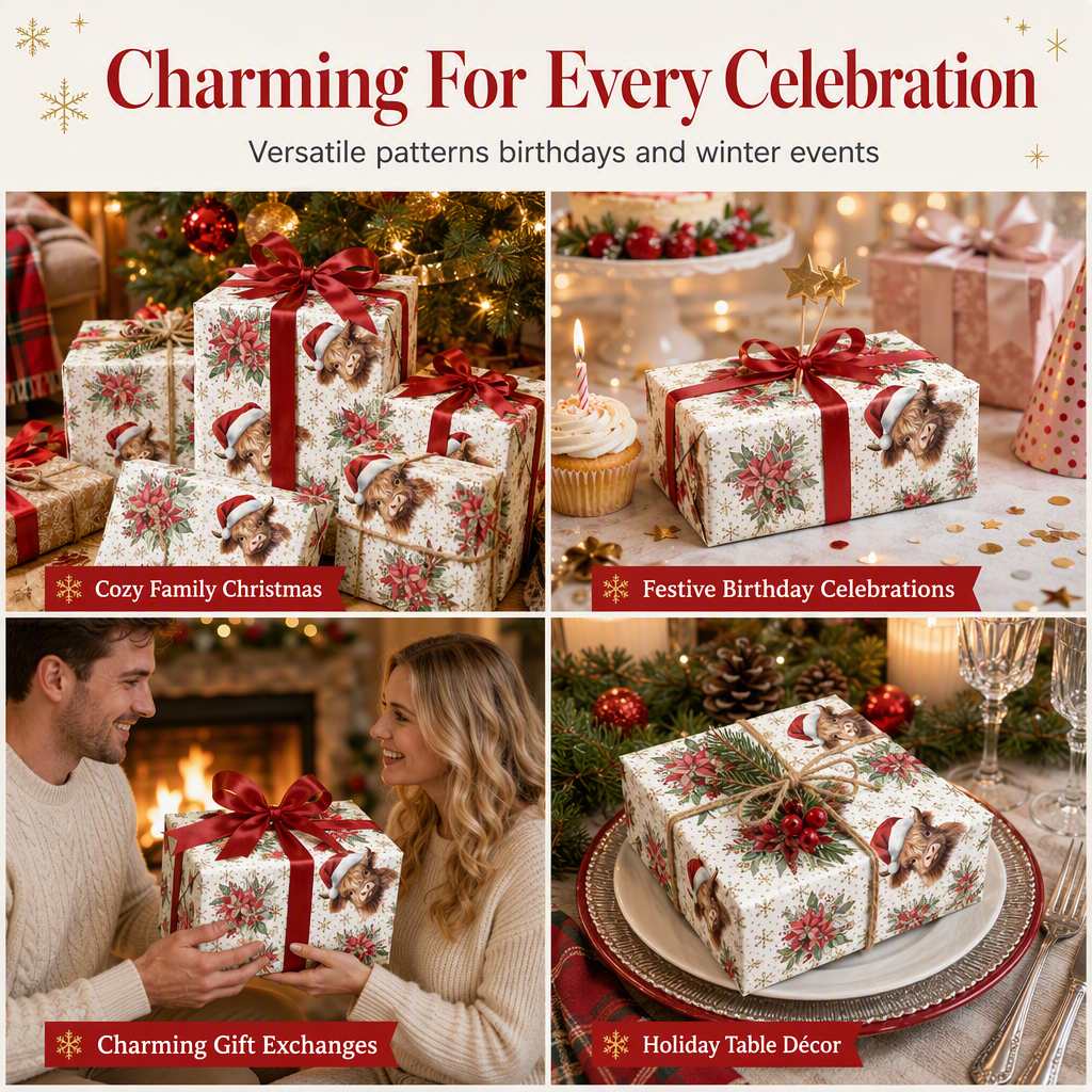 🎄 LIMITED-TIME 50% OFF! 🐄 Christmas Highland Cow Floral Wrapping Paper Roll – Double-sided, Thick, Large Roll ✨
