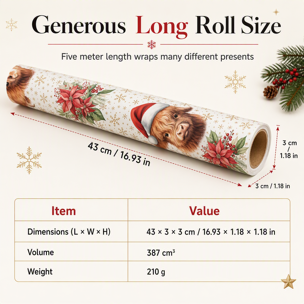 🎄 LIMITED-TIME 50% OFF! 🐄 Christmas Highland Cow Floral Wrapping Paper Roll – Double-sided, Thick, Large Roll ✨