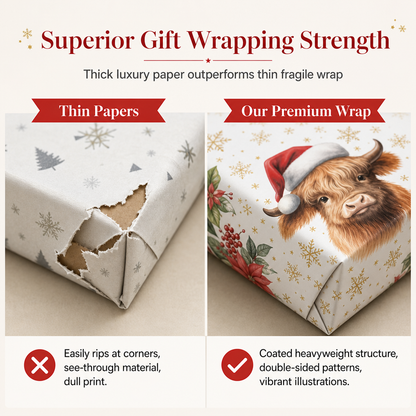 🎄 LIMITED-TIME 50% OFF! 🐄 Christmas Highland Cow Floral Wrapping Paper Roll – Double-sided, Thick, Large Roll ✨