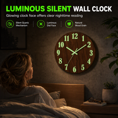 📢📢50% OFF !! ⏰12-Inch Silent Wooden Wall Clock – Luminous Glow & MDF Wood Grain✨