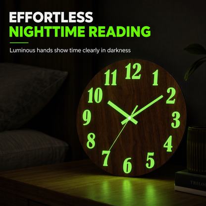 📢📢50% OFF !! ⏰12-Inch Silent Wooden Wall Clock – Luminous Glow & MDF Wood Grain✨