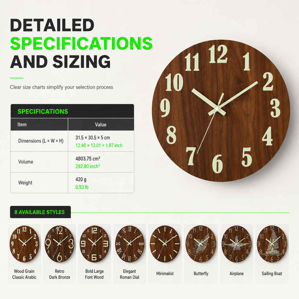 📢📢50% OFF !! ⏰12-Inch Silent Wooden Wall Clock – Luminous Glow & MDF Wood Grain✨